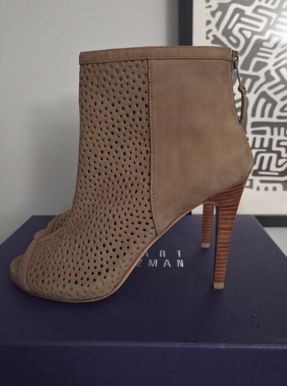 Stuart Weitzman Taupe Perforated Suede Peep-Toe Booties